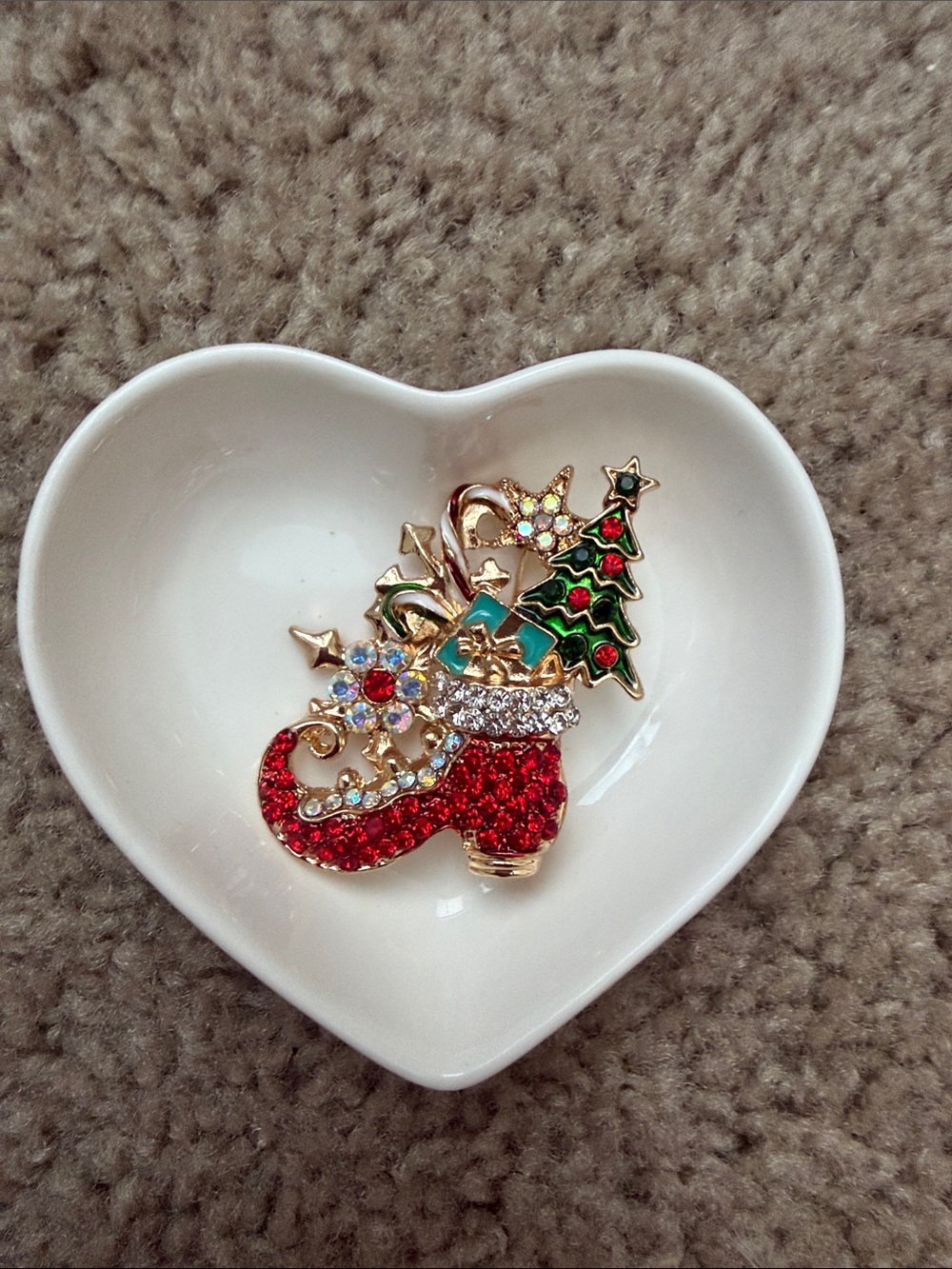 Festive Red & Green Crystal Christmas Stocking Brooch